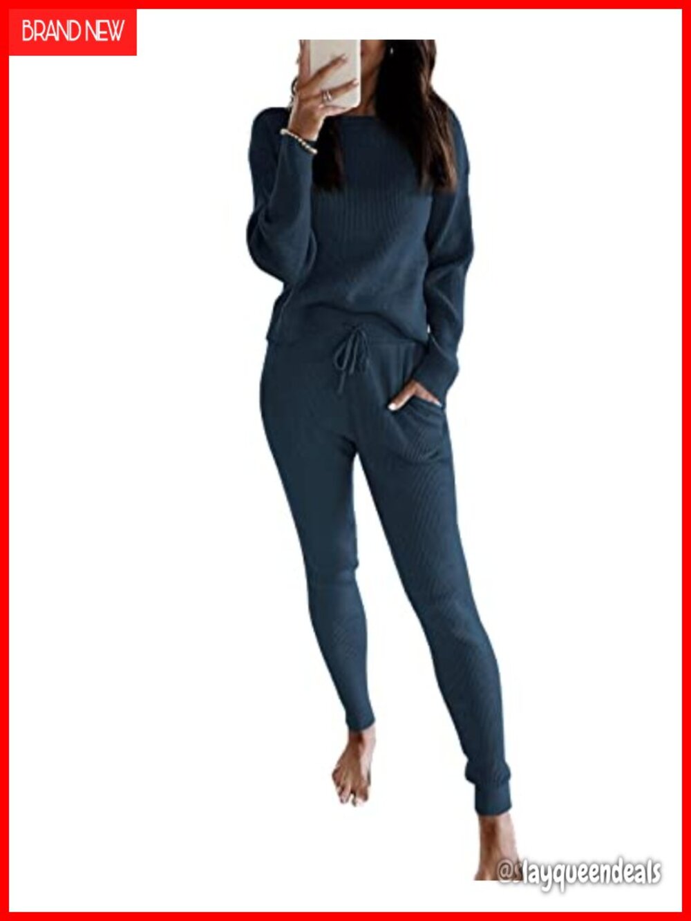 Rib Knit 2 Piece Sweater Set Top and Long Pants Loungewear Relaxed Fit